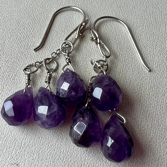 VINTAGE STERLING SILVER PURPLE AMETHYST DANGLE DROP EARRINGS 925 STERLING SILVER